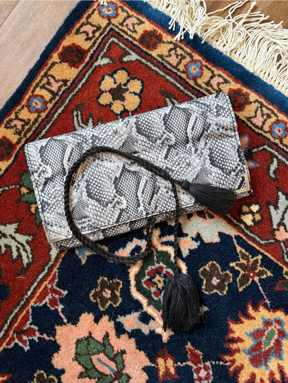 Snake-Print Tassel Travel Jewelry Case in Black and White